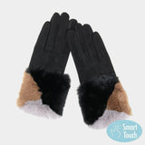 Color Block Faux Fur Cuff Accented Soft Suede Gloves