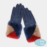 Color Block Faux Fur Cuff Accented Soft Suede Gloves