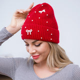 Pearl Bow Detail Winter Beanie