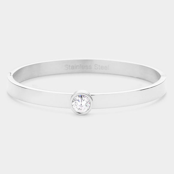 Stainless Steel Bangle Bracelet with Clear Solitaire